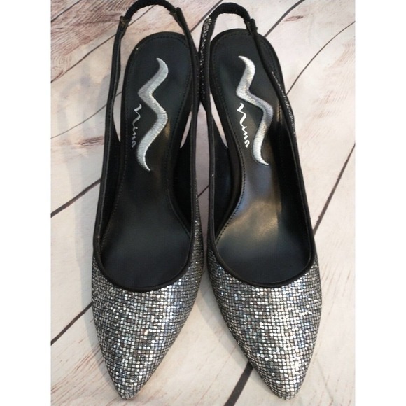 NINA LADIES CINELLI Metallic Black SILVER LA NOCHE SLINGBACK HEELS SIZE 6 M - Picture 4 of 6